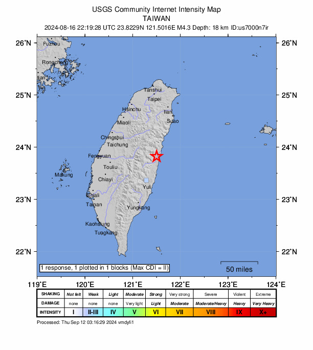 USGS DYFI community-reported intensity map for the M4.3 earthquake near 20 km SSW of Hualien City, Taiwan