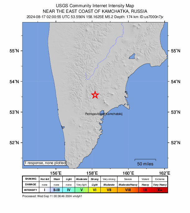 USGS DYFI community-reported intensity map for the M5.2 earthquake near 44 km NNW of Yelizovo, Russia