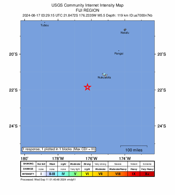 USGS DYFI community-reported intensity map for the M5.5 earthquake near 118 km SW of Houma, Tonga