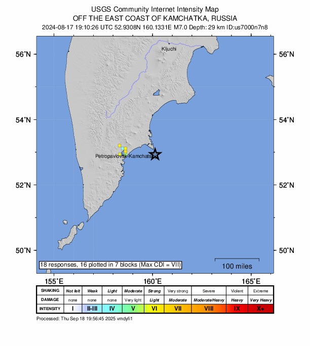 USGS DYFI community-reported intensity map for the M7.0 earthquake near 102 km E of Petropavlovsk-Kamchatsky, Russia