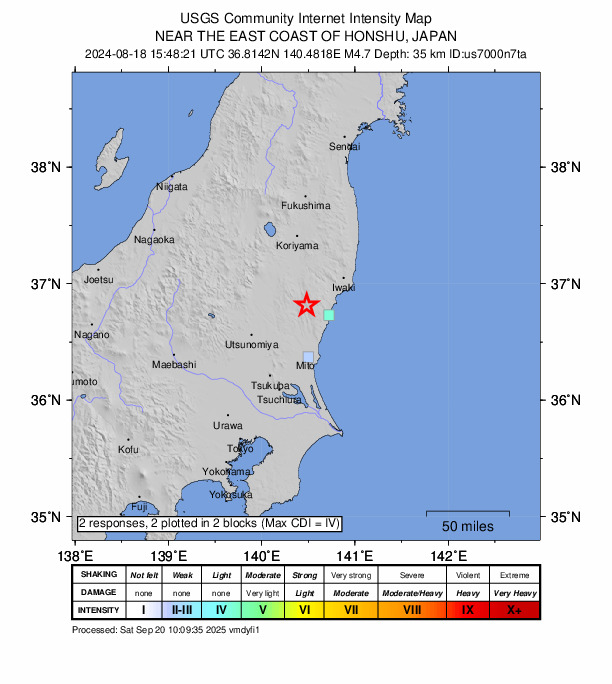USGS DYFI community-reported intensity map for the M4.7 earthquake near 12 km ENE of Daigo, Japan