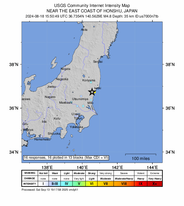 USGS DYFI community-reported intensity map for the M4.8 earthquake near 13 km W of Takahagi, Japan