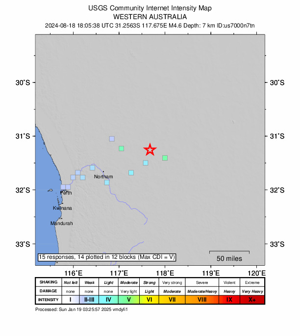 USGS DYFI community-reported intensity map for the M4.6 earthquake near 62 km WNW of Merredin, Australia