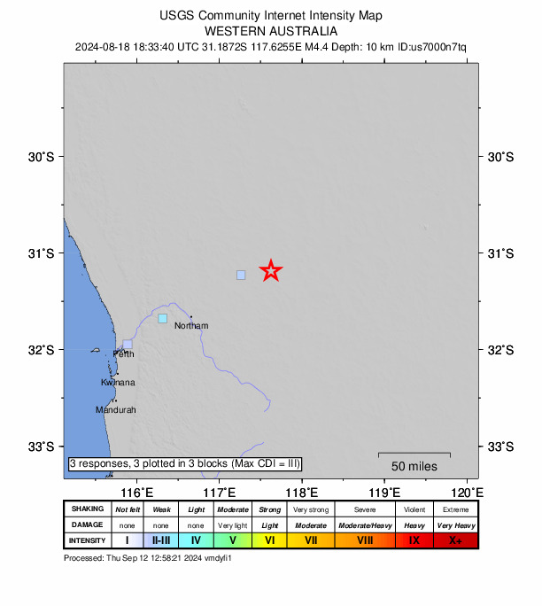 USGS DYFI community-reported intensity map for the M4.4 earthquake near 70 km WNW of Merredin, Australia