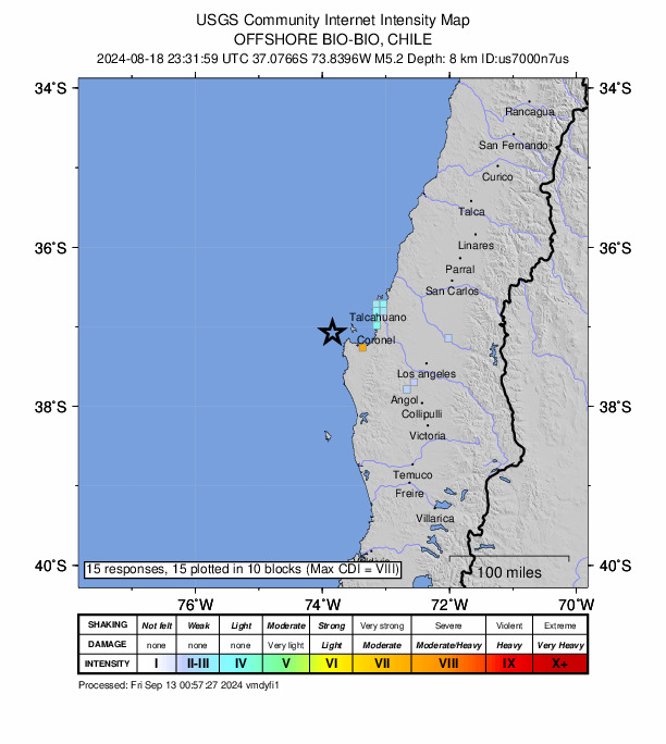 USGS DYFI community-reported intensity map for the M5.2 earthquake near 51 km WNW of Arauco, Chile