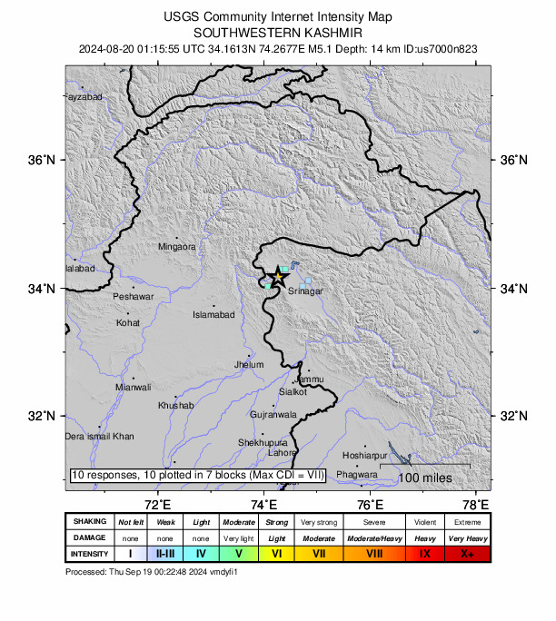 USGS DYFI community-reported intensity map for the M5.1 earthquake near 8 km SW of Bāramūla, India