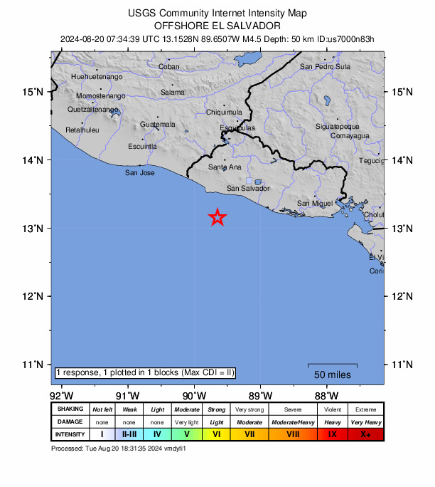 USGS DYFI community-reported intensity map for the M4.8 earthquake near 49 km SW of La Libertad, El Salvador
