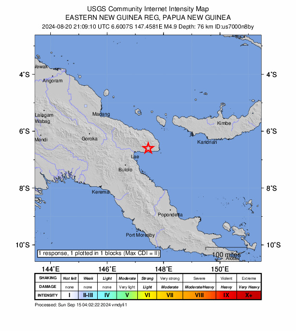 USGS DYFI community-reported intensity map for the M4.9 earthquake near 43 km W of Finschhafen, Papua New Guinea