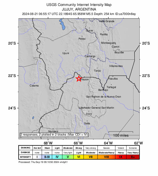 USGS DYFI community-reported intensity map for the M5.5 earthquake near 29 km W of La Quiaca, Argentina