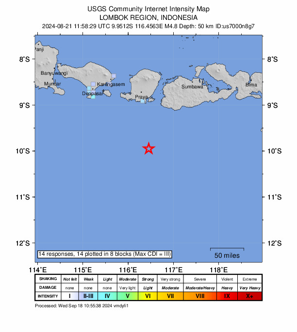 USGS DYFI community-reported intensity map for the M4.8 earthquake near 139 km S of Praya, Indonesia