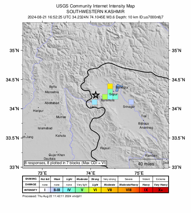 USGS DYFI community-reported intensity map for the M3.6 earthquake near 17 km NNE of Uri, India