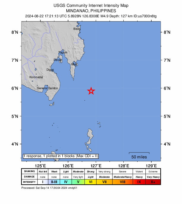 USGS DYFI community-reported intensity map for the M4.9 earthquake near 88 km SE of Pondaguitan, Philippines