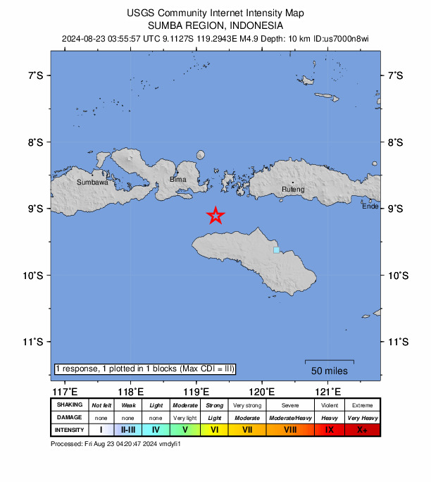 USGS DYFI community-reported intensity map for the M4.9 earthquake near 35 km N of Tambolaka, Indonesia
