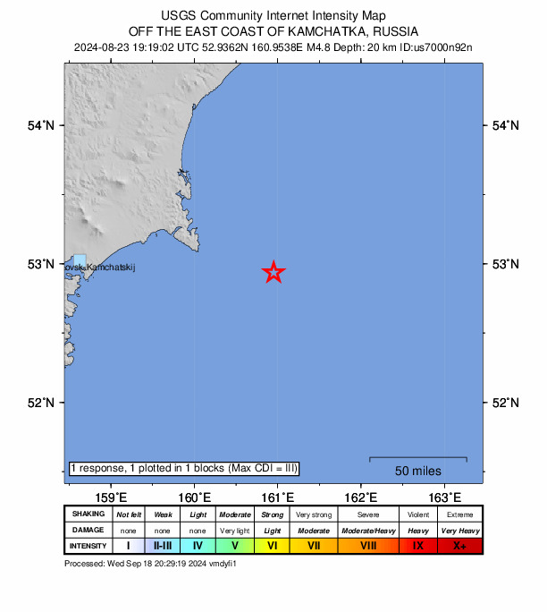 USGS DYFI community-reported intensity map for the M4.8 earthquake near 157 km E of Petropavlovsk-Kamchatsky, Russia