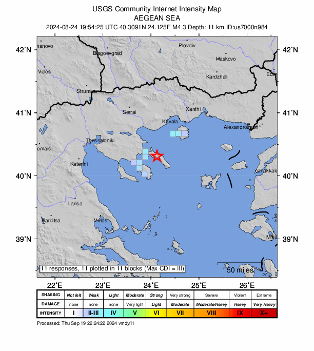 USGS DYFI community-reported intensity map for the M4.4 earthquake near 12 km E of Ouranoupolis, Greece