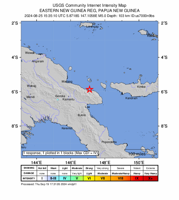USGS DYFI community-reported intensity map for the M5.0 earthquake near 93 km N of Lae, Papua New Guinea