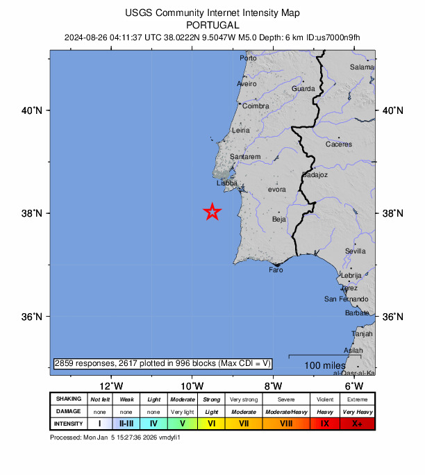 USGS DYFI community-reported intensity map for the M5.0 earthquake near 56 km W of Sines, Portugal