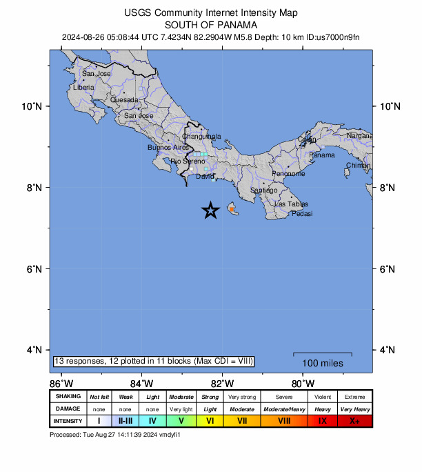 USGS DYFI community-reported intensity map for the M5.8 earthquake near 83 km S of Boca Chica, Panama