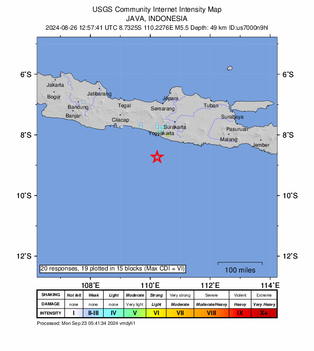 USGS DYFI community-reported intensity map for the M5.4 earthquake near 89 km S of Bambanglipuro, Indonesia