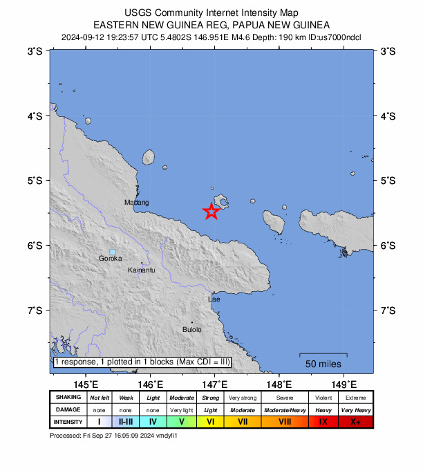 USGS DYFI community-reported intensity map for the M4.6 earthquake near 132 km ESE of Madang, Papua New Guinea