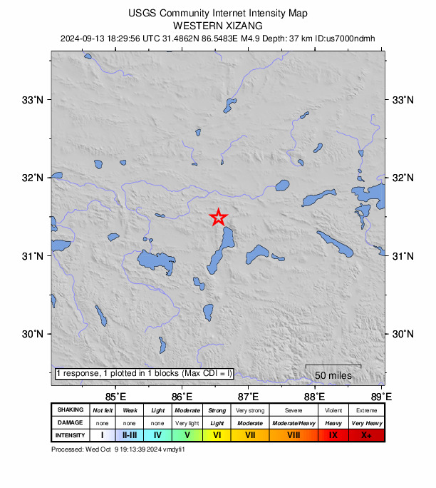 USGS DYFI community-reported intensity map for the M4.9 earthquake near 271 km NNE of Saga, China