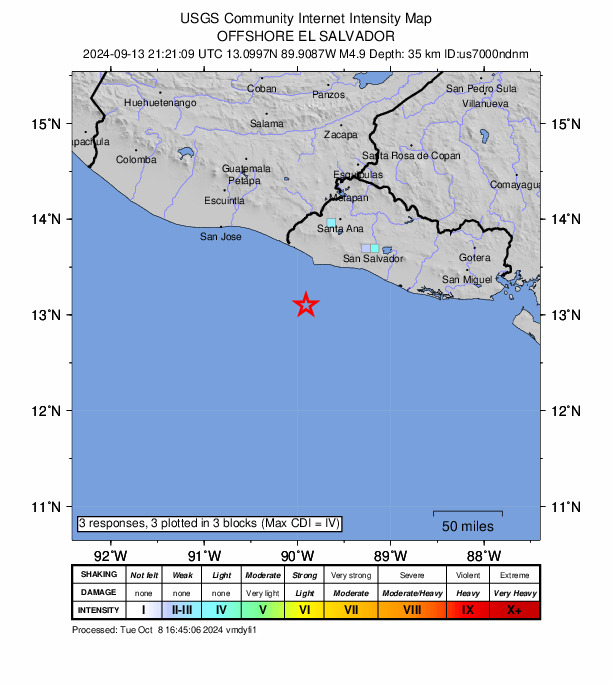 USGS DYFI community-reported intensity map for the M4.9 earthquake near 55 km S of Acajutla, El Salvador