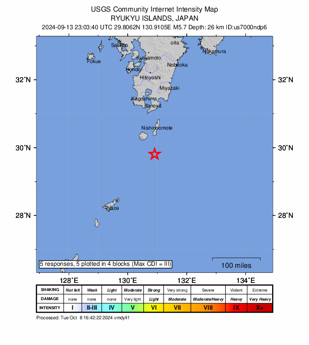 USGS DYFI community-reported intensity map for the M5.7 earthquake near 59 km SE of Koshima, Japan