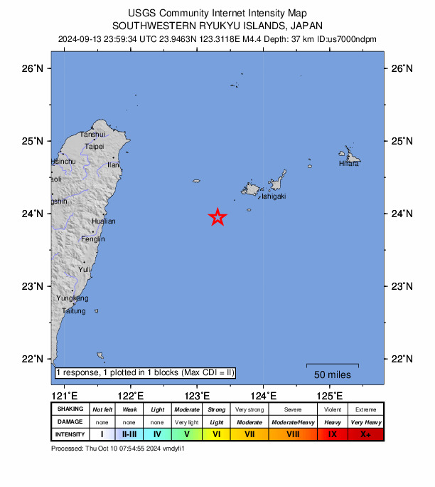 USGS DYFI community-reported intensity map for the M4.4 earthquake near 65 km SSE of Yonakuni, Japan