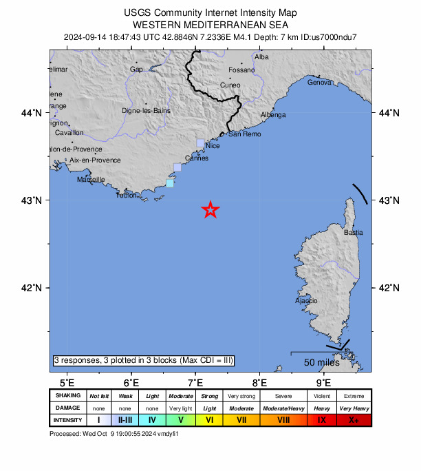 USGS DYFI community-reported intensity map for the M4.1 earthquake near 62 km SE of Ramatuelle, France