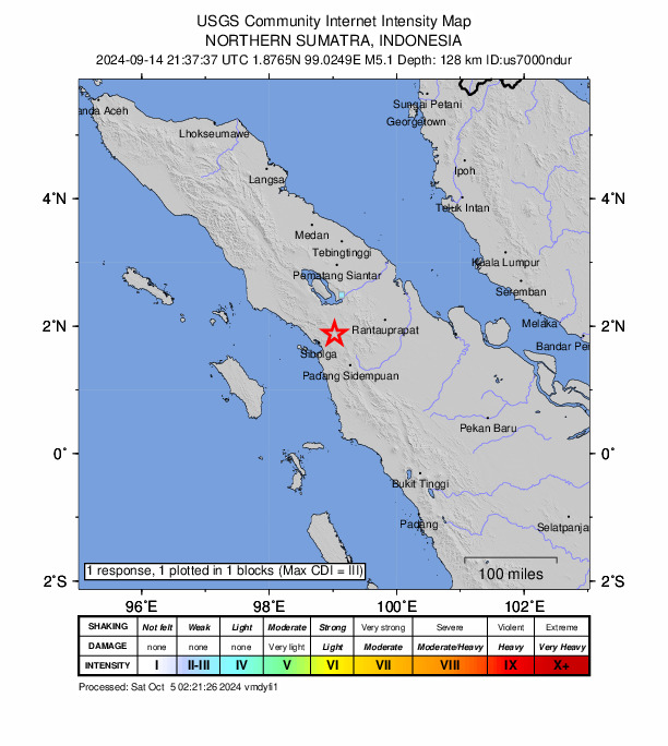 USGS DYFI community-reported intensity map for the M5.0 earthquake near 34 km ENE of Sibolga, Indonesia
