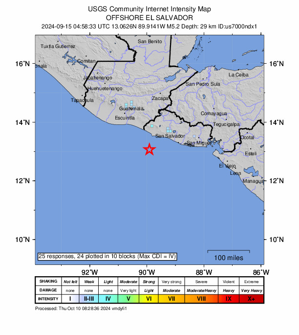 USGS DYFI community-reported intensity map for the M5.2 earthquake near 59 km S of Acajutla, El Salvador