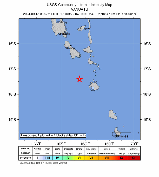 USGS DYFI community-reported intensity map for the M4.9 earthquake near 68 km WNW of Port-Vila, Vanuatu
