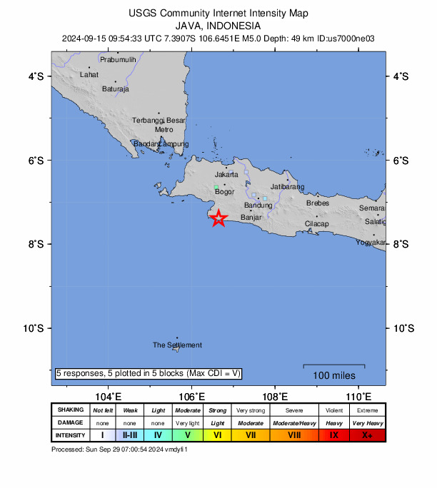 USGS DYFI community-reported intensity map for the M5.0 earthquake near 44 km SSE of Pelabuhanratu, Indonesia