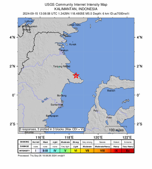 USGS DYFI community-reported intensity map for the M5.5 earthquake near 173 km NE of Bontang, Indonesia