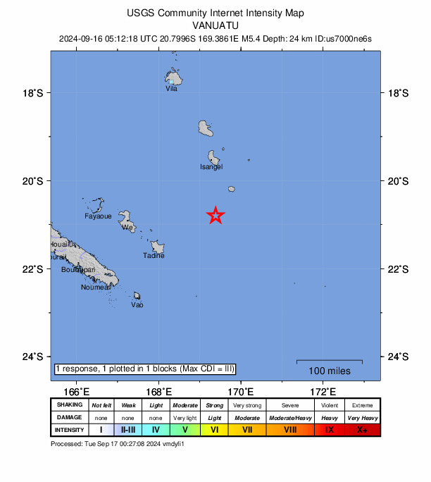 USGS DYFI community-reported intensity map for the M5.4 earthquake near 138 km S of Isangel, Vanuatu