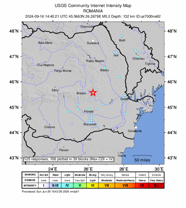 USGS DYFI community-reported intensity map for the M5.2 earthquake near 8 km N of Cașoca, Romania
