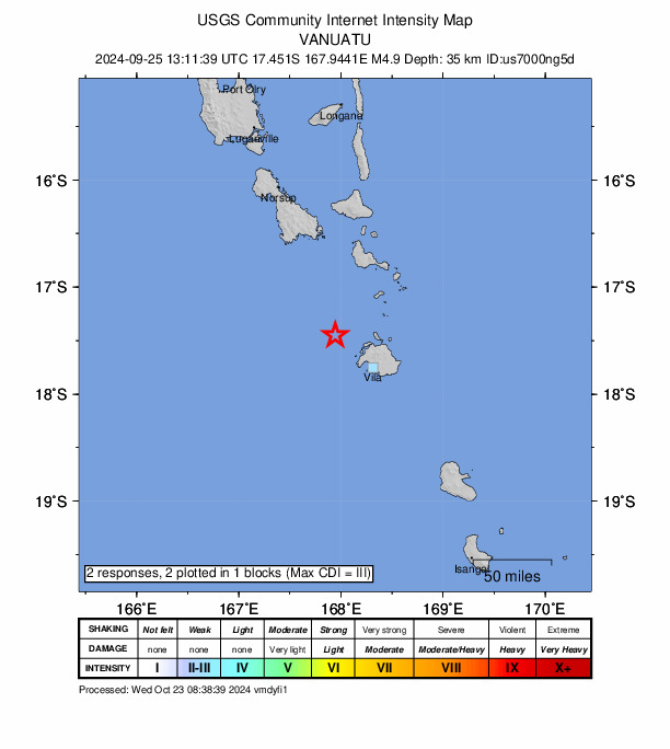 USGS DYFI community-reported intensity map for the M4.9 earthquake near 50 km NW of Port-Vila, Vanuatu