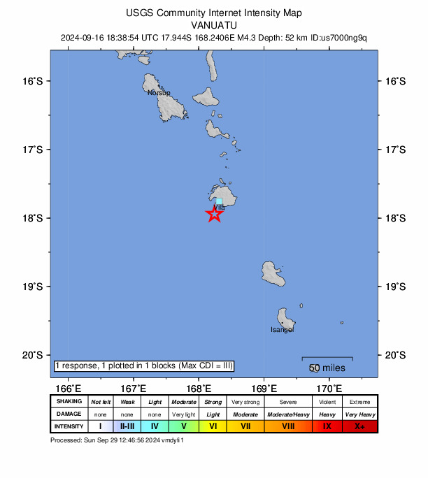 USGS DYFI community-reported intensity map for the M4.3 earthquake near 24 km SSW of Port-Vila, Vanuatu