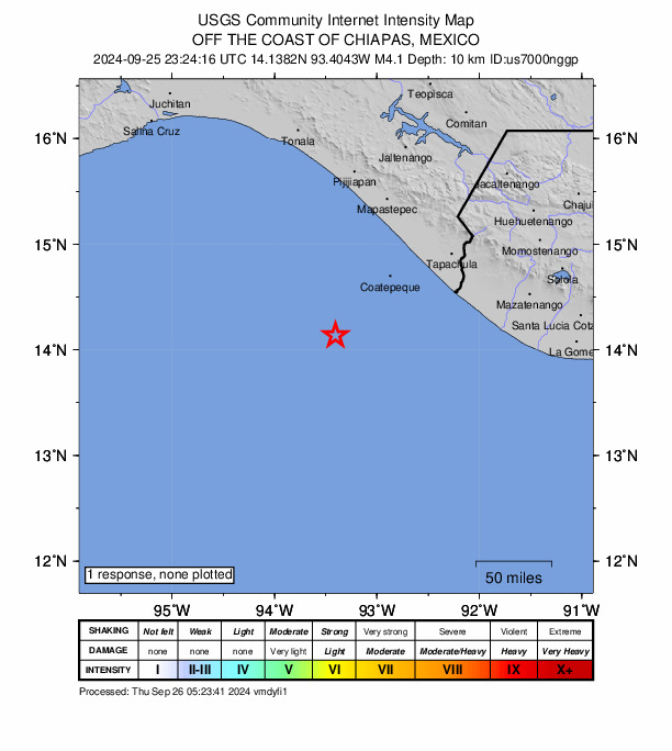 USGS DYFI community-reported intensity map for the M4.1 earthquake near 110 km WSW of Puerto Madero, Mexico