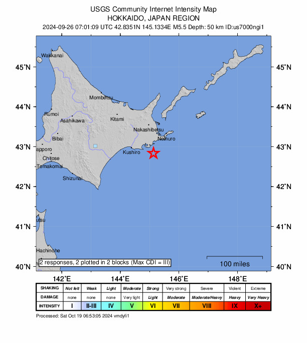 USGS DYFI community-reported intensity map for the M5.5 earthquake near 30 km SE of Akkeshi, Japan