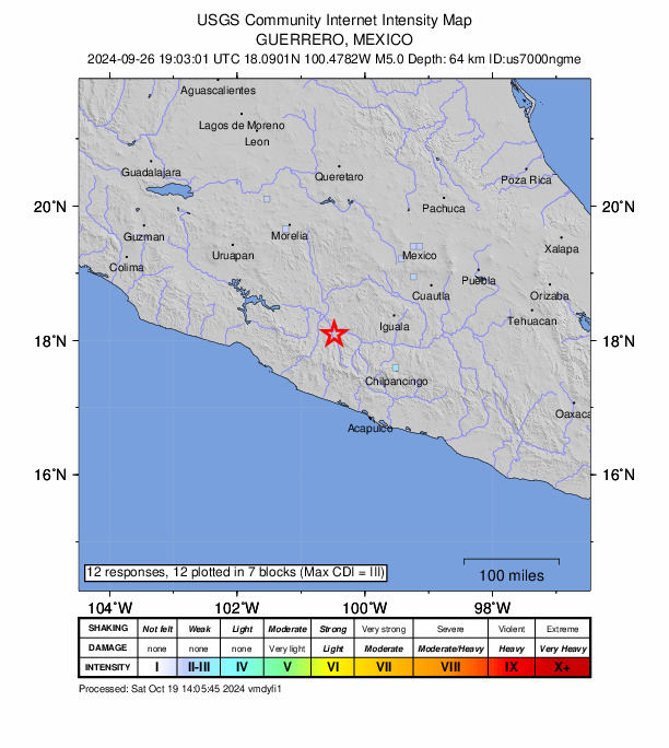 USGS DYFI community-reported intensity map for the M4.9 earthquake near 9 km SSW of San Miguel Totolapan, Mexico