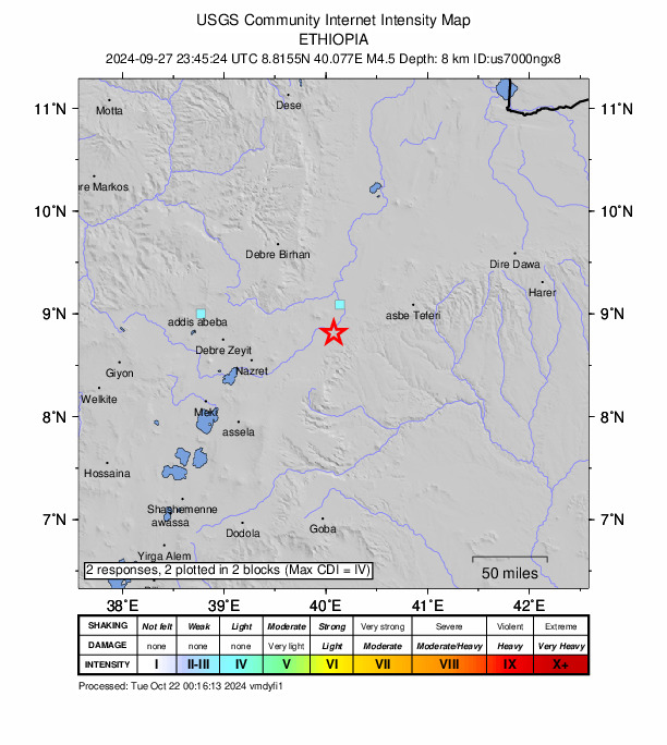 USGS DYFI community-reported intensity map for the M4.5 earthquake near 19 km ESE of Metahāra, Ethiopia
