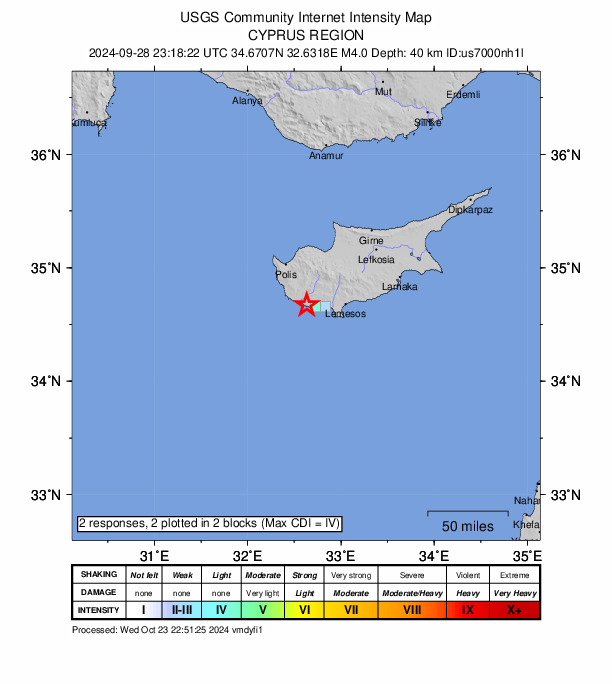 USGS DYFI community-reported intensity map for the M4.0 earthquake near 14 km S of Koloni, Cyprus
