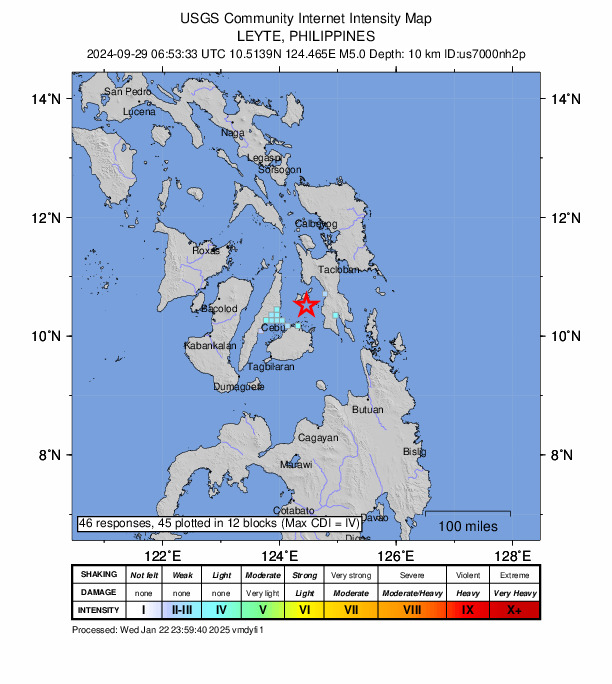 USGS DYFI community-reported intensity map for the M5.0 earthquake near 14 km SSE of Poro, Philippines