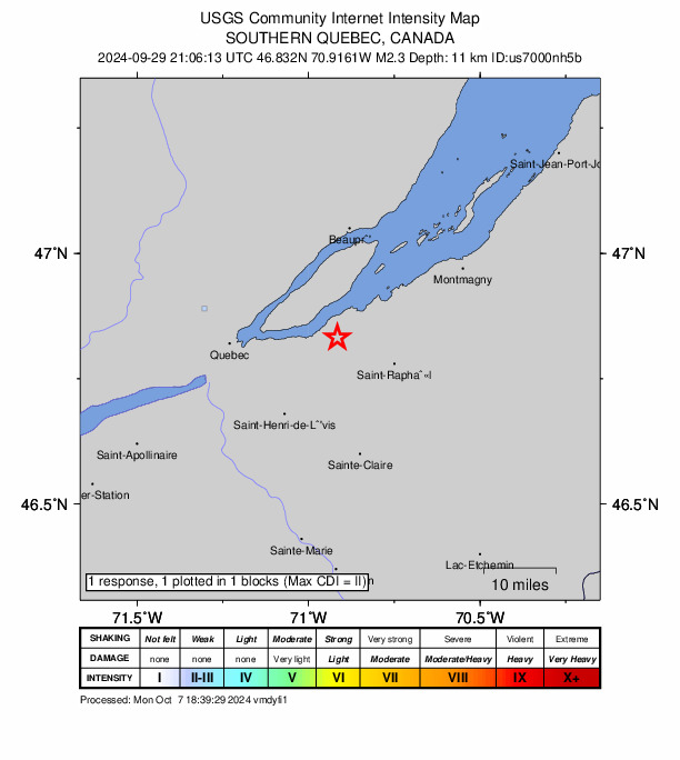 USGS DYFI community-reported intensity map for the M2.3 earthquake near 16 km SE of L'Ange-Gardien, Canada