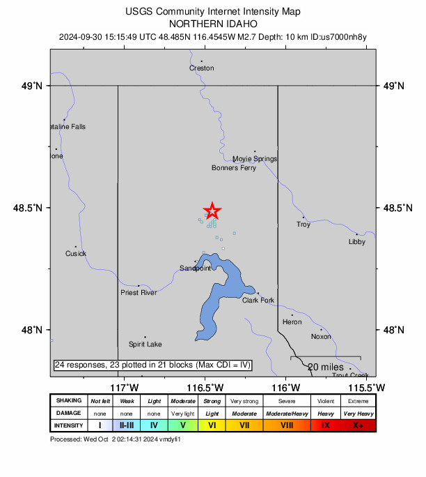 USGS DYFI community-reported intensity map for the M2.7 earthquake near 19 km NNE of Kootenai, Idaho