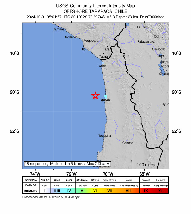 USGS DYFI community-reported intensity map for the M5.3 earthquake near 57 km W of Puerto, Chile