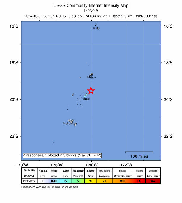 USGS DYFI community-reported intensity map for the M5.1 earthquake near 21 km N of Fangale’ounga, Tonga