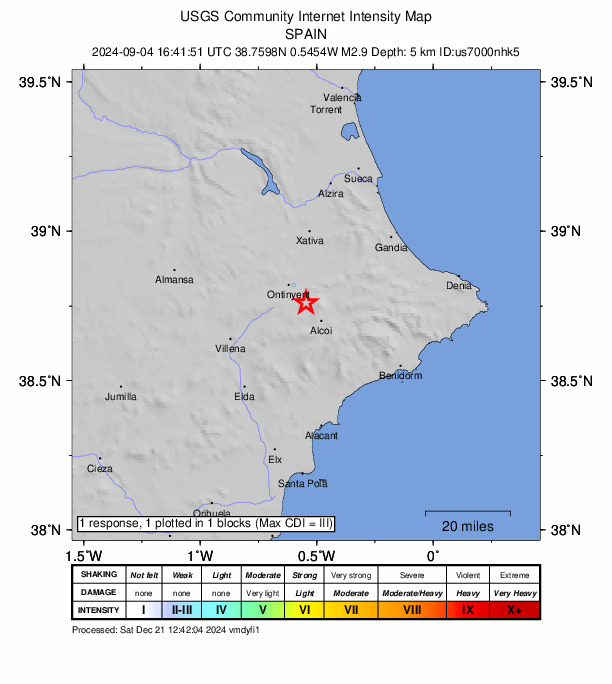 USGS DYFI community-reported intensity map for the M2.9 earthquake near 1 km SSE of Alfafara, Spain