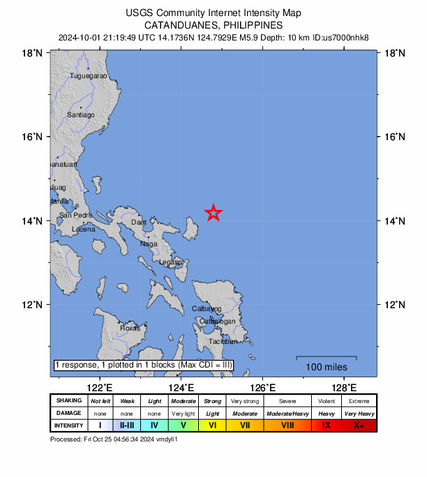 USGS DYFI community-reported intensity map for the M5.9 earthquake near 62 km NE of Gigmoto, Philippines